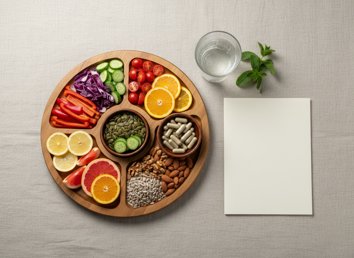 A serene, nature-inspired flat lay illustrating the journey of restoring balance through naturopathic medicine, arranged on a light linen backdrop: a circular wooden board divided into sections holding colorful fresh vegetables, sliced citrus, assorted nuts and seeds, and a small bowl of herbal capsules in neutral tones. Beside it, a simple glass of filtered water with condensation droplets stands next to a sprig of mint and a slim, closed folder symbolizing personalized treatment plans. Soft, indirect daylight from above creates a clean, bright look with delicate shadows. Photographic realism with sharp focus across the frame, minimalist composition from a bird’s-eye view, and a calm, optimistic mood emphasizing nutrition, lifestyle, and natural therapies without showing any people or text.