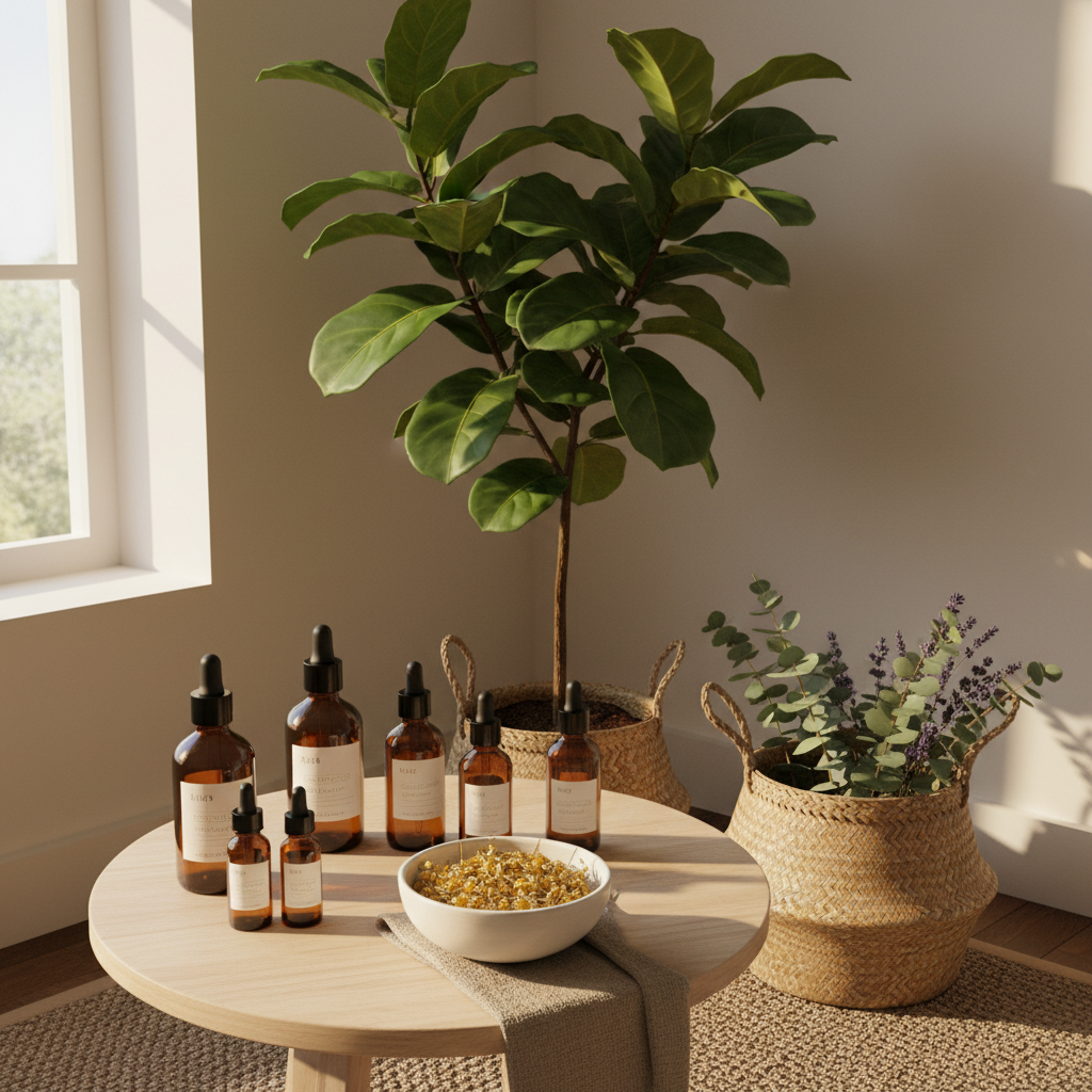An inviting, sunlit wellness corner designed for naturopathic self-care, showing a low, light-wood table holding amber glass dropper bottles, a white ceramic bowl filled with dried chamomile flowers, and a folded linen cloth in soft beige tones. Nearby, a large leafy houseplant anchors the scene, while a woven basket overflowing with fresh eucalyptus and lavender sprigs rests on the floor. Gentle late-afternoon sunlight streams through a nearby window, creating a warm, golden glow and soft highlights on glass and ceramic surfaces. Shot in photographic realism from a slightly elevated angle, using the rule of thirds, with a peaceful, nurturing mood that suggests natural, evidence-informed healing without any clinical or sterile elements.