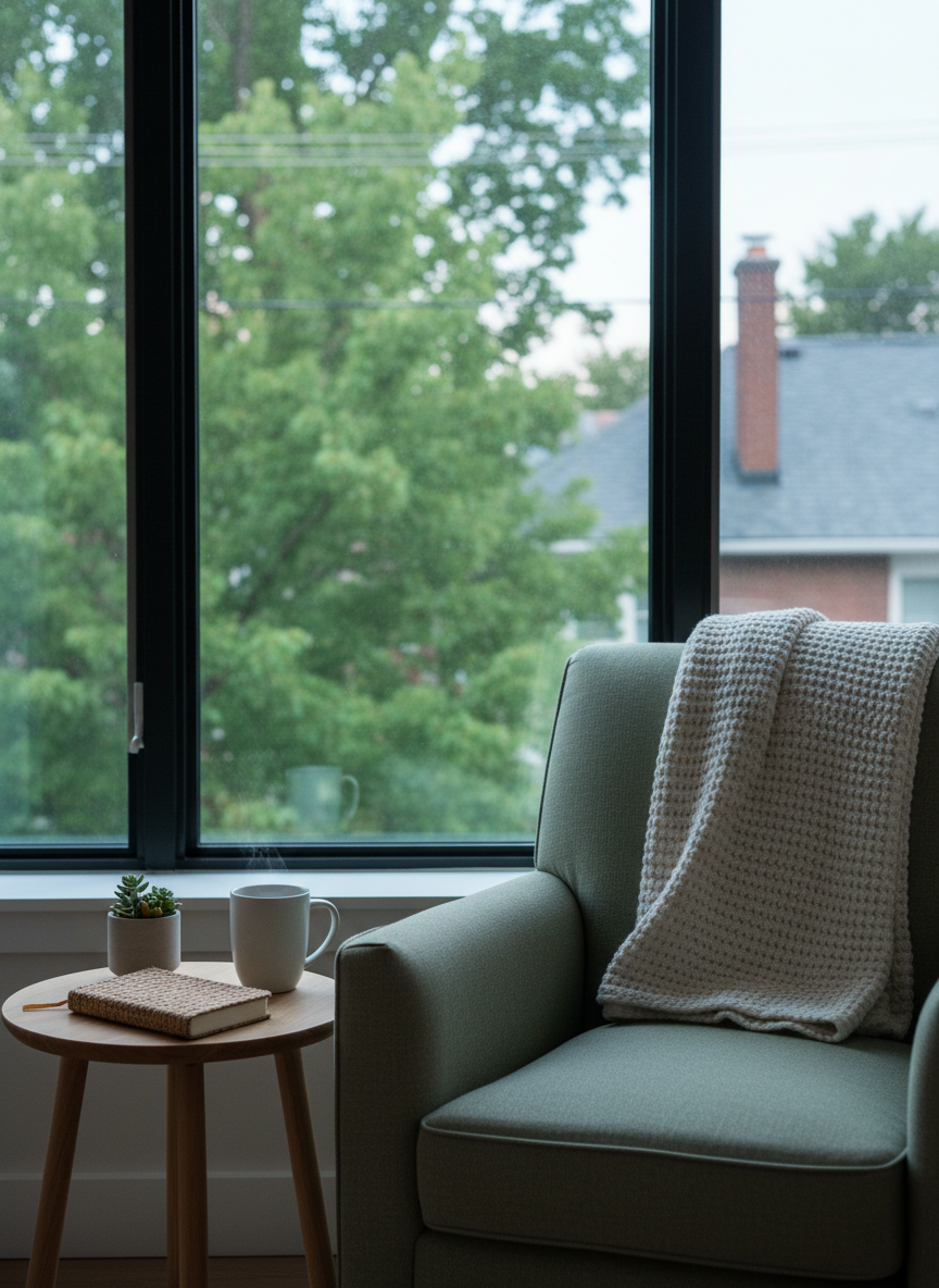 A peaceful Ottawa-inspired wellness scene without people, showing a cozy interior nook near a large window that frames a soft-focus view of leafy trees and a hint of residential rooftops. Inside, a comfortable upholstered armchair in muted sage is draped with a light knitted throw, facing a small round wooden side table. On the table sit a steaming cup of herbal tea in a matte white ceramic mug, a small potted succulent, and a closed, cloth-bound journal. Early evening light casts a gentle, cool glow, creating a soothing interplay of light and shadow. Photographic realism at eye level, with a slightly off-center composition and moderate depth of field, evoking a sense of grounded, local, restorative naturopathic care rooted in everyday life.