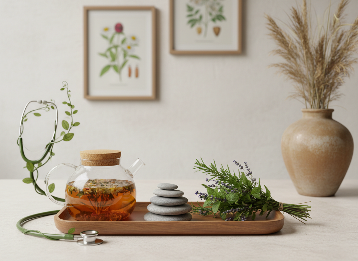 A tranquil representation of whole-body naturopathic care using symbolic objects arranged on a smooth, pale stone surface: a polished wooden tray with neatly stacked small stones, a bundle of fresh green herbs, a glass teapot of herbal infusion, and a stethoscope subtly transformed into a vine-like organic form with leaves, avoiding medical realism while hinting at professional care. Background elements include softly blurred botanical illustrations on the wall and a large, textured ceramic vase with tall dried grasses. Diffused overcast light enters from the left, eliminating harsh shadows and creating a gentle, even illumination. Photographic realism with a centered composition and moderate depth of field, conveying balance, professionalism, and a holistic, nature-oriented atmosphere suitable for an Ottawa naturopathic practice.