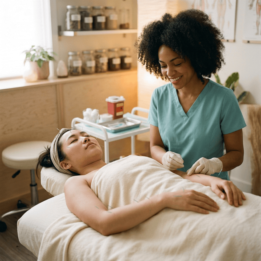 Patient undergoing acupuncture treatment with thin needles inserted in face and arm