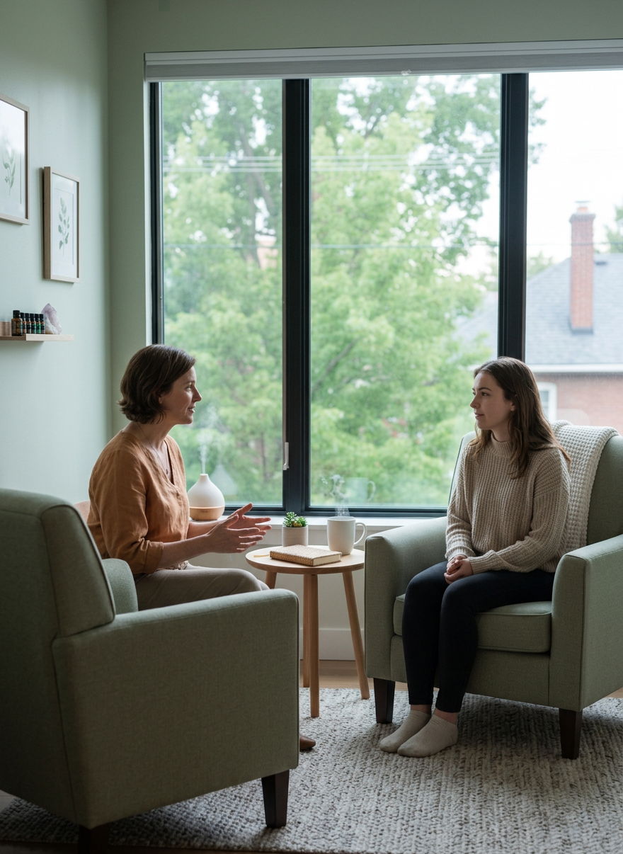 Two women sitting in armchairs facing each other in a room with large window