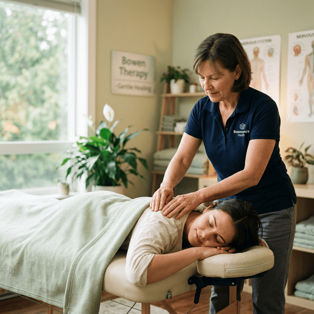 Therapist gently massaging a client's back during Bowen therapy session