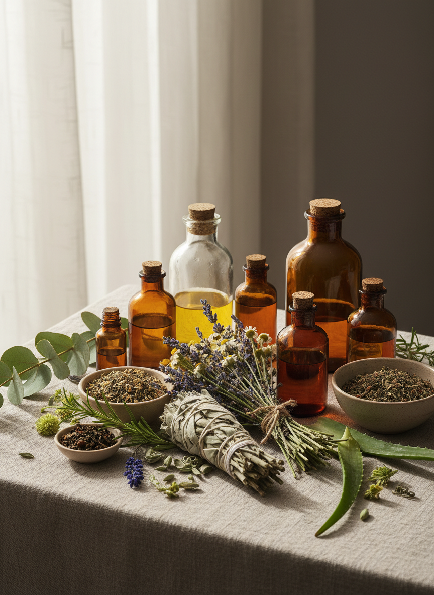 Natural herbs and botanical remedies arranged on soft linen