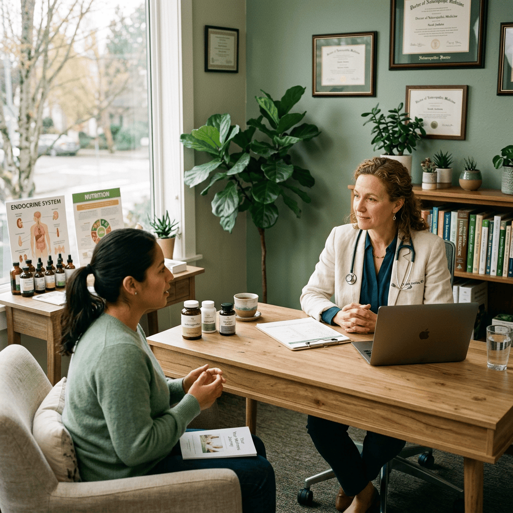 Naturopathic doctor consulting patient with supplement bottles and health charts visible