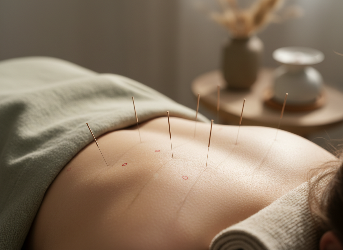 Serene close-up of acupuncture needles gently placed on skin during a treatment in warm sage and beige tones