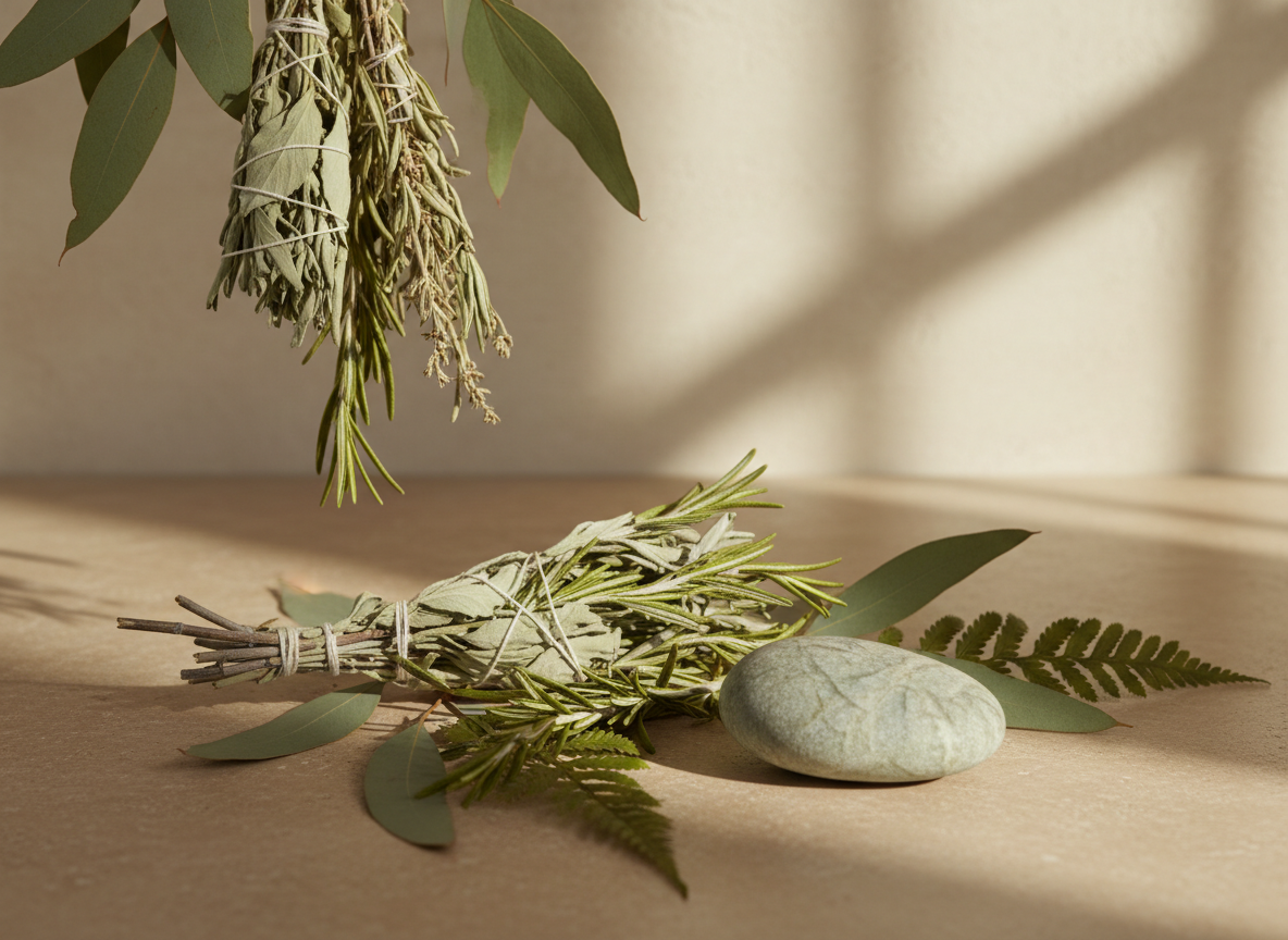 Peaceful still life of dried herbs, a stone, and green botanical leaves in soft light and warm tones