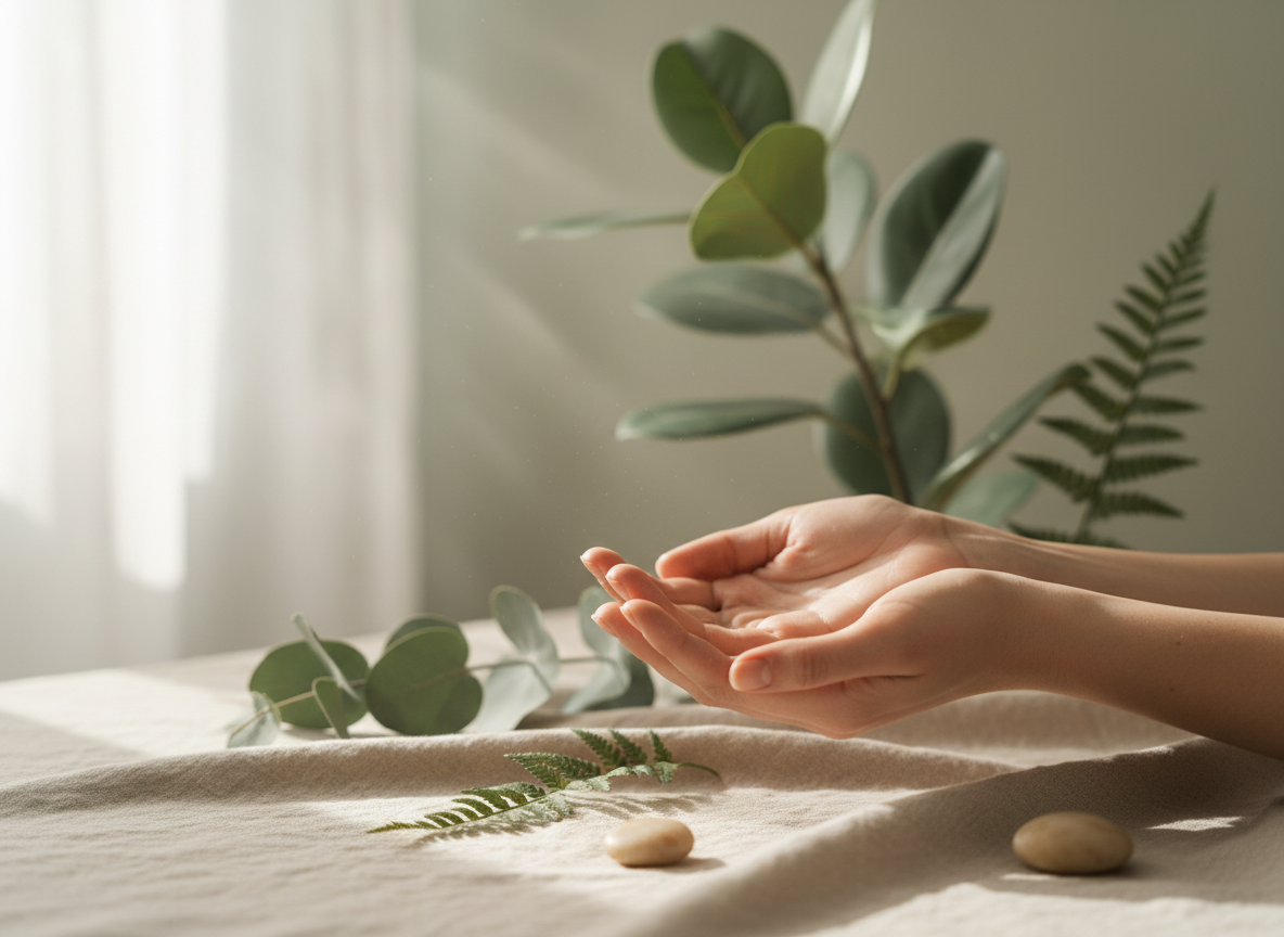 Soft natural light streaming over open hands resting calmly among green plant leaves and warm beige tones.