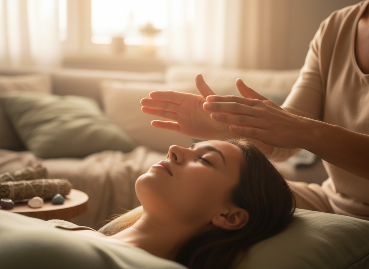 Hands gently hovering over a person in a calm, warm setting with soft golden light.