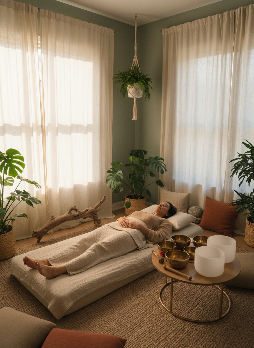 A person resting comfortably and clothed under a light blanket in a calm, warm treatment space with plants and sound bowls nearby.