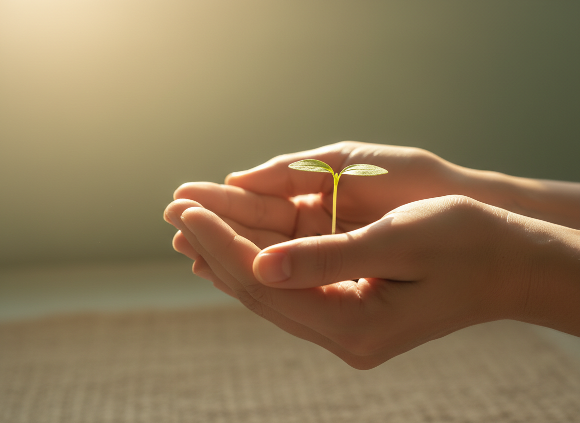 Soft, warm photographic image of hands gently cupped holding a small green plant sprout with golden morning light, sage green and warm beige tones, natural and calming, shallow depth of field, wellness and healing atmosphere, no text