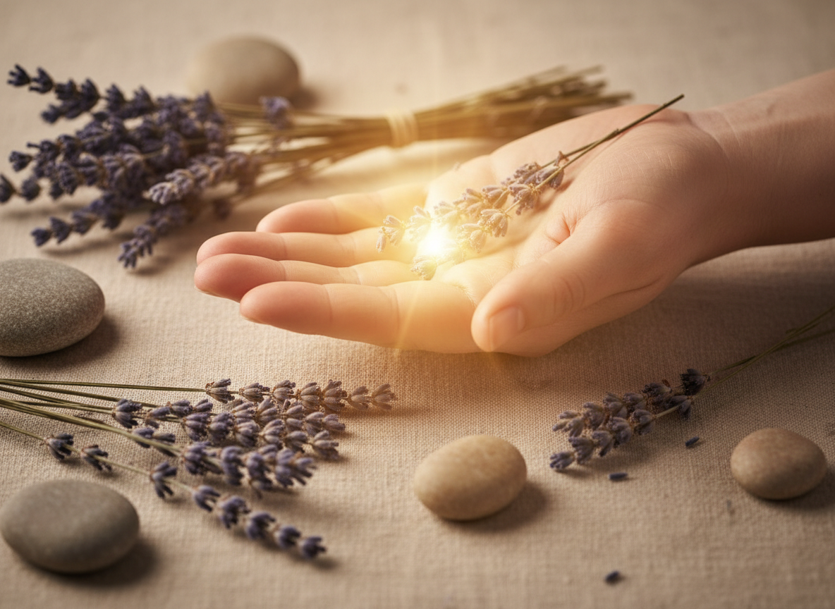 Calm photographic image of an open palm with soft golden light radiating, dried lavender and smooth stones on a warm beige linen surface, earthy sacred tones, gentle and warm, no text