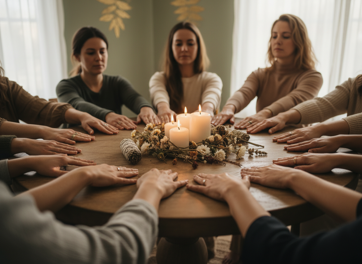 Warm photographic image of a circle of diverse women's hands joined together over a natural wood table with flowers and candles, sage green and gold earthy tones, sacred feminine gathering atmosphere, soft daylight, no text