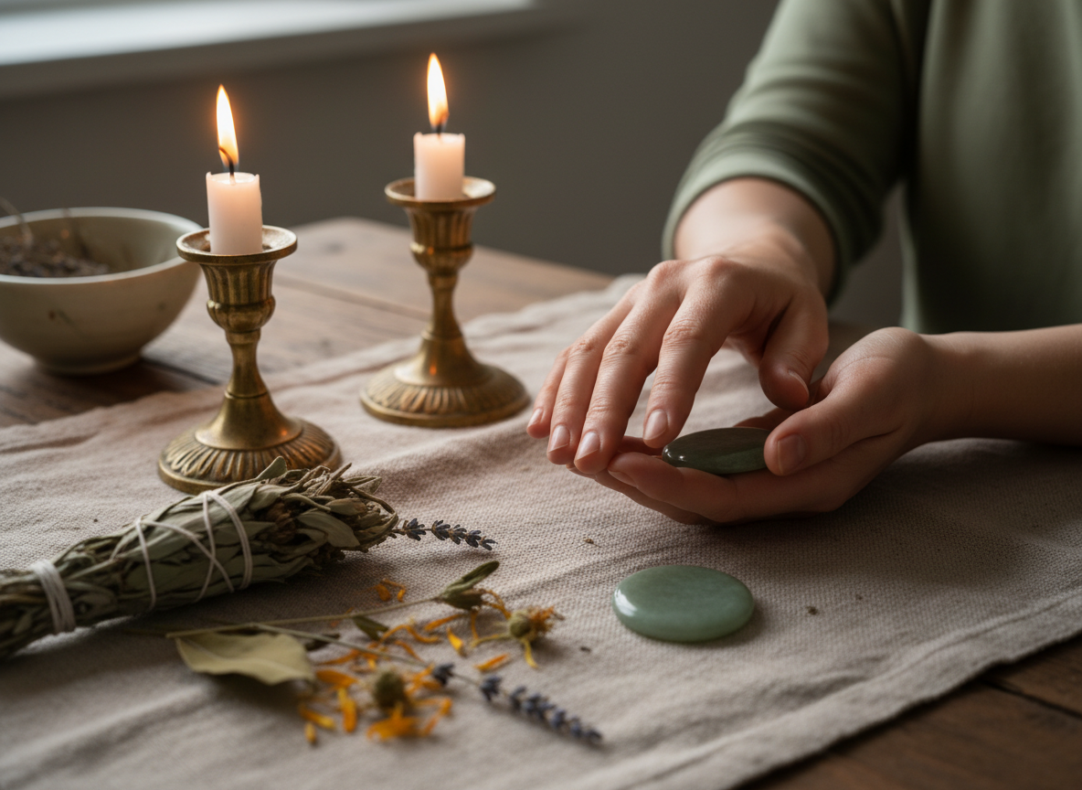 Peaceful photographic close-up of a woman's hands resting gently, warm candlelight and dried herbs nearby, sage green and gold earthy tones, serene healing energy work atmosphere, soft natural light, no text
