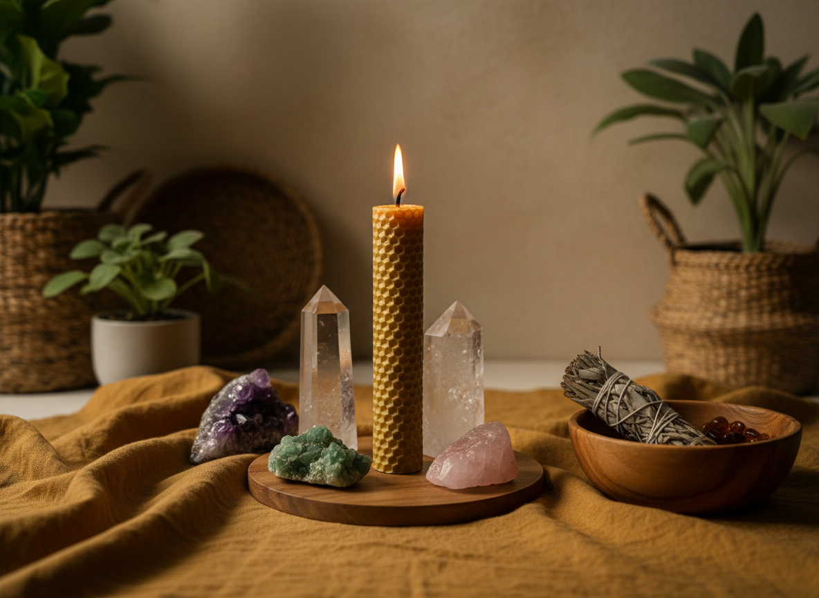 Elegant photographic image of a serene meditation space with a lit beeswax candle, crystals, and a wooden bowl on natural linen, warm golden and sage tones, sense of mastery and depth, soft light, no text